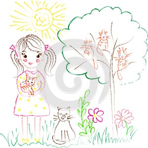 Illustration on the theme of children`s drawings girl with cats